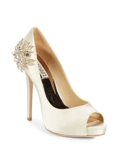 Shop Badgley Mischka Marcia Embellished Peep Toe Pumps In Ivory Satin