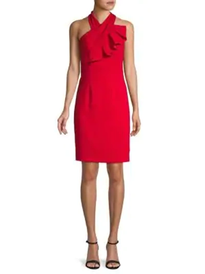 Shop Carmen Marc Valvo Infusion Crossover Halterneck Sheath Dress In Flame Red