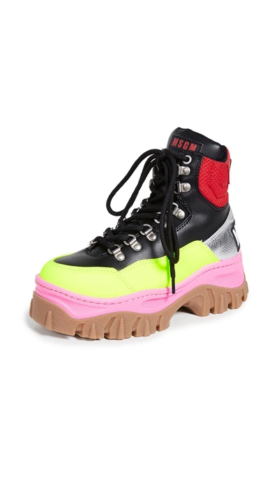 Shop Msgm Tractor Block Boots In Red/neon Yellow
