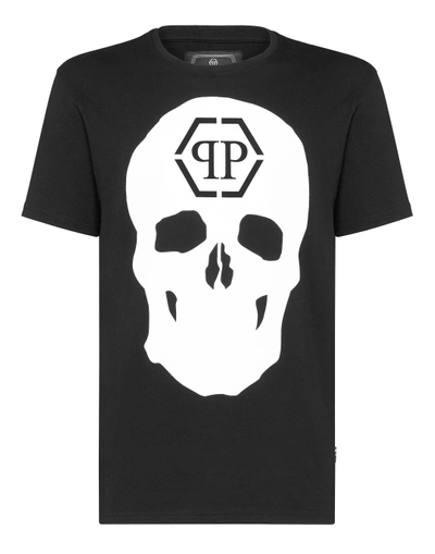 Shop Philipp Plein T-shirt Black Cut Round Neck Skull In Black / White