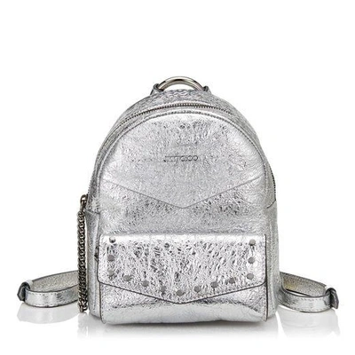 Shop Jimmy Choo Cassie/s Silver Crushed Metallic Leather Backpack With Round Stud Detailing