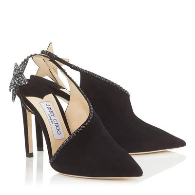 Shop Jimmy Choo Lucette 100 Black Suede Pumps With Hotfix Crystals