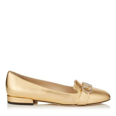 Shop Jimmy Choo Jaden Flat Gold Metallic Leather Round Toe Ballerinas In Gold/crystal