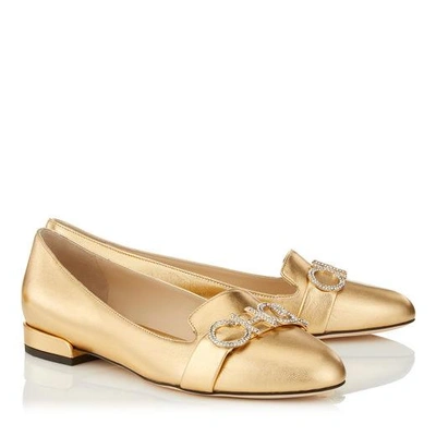 Shop Jimmy Choo Jaden Flat Gold Metallic Leather Round Toe Ballerinas In Gold/crystal