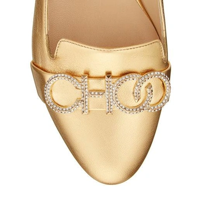 Shop Jimmy Choo Jaden Flat Gold Metallic Leather Round Toe Ballerinas In Gold/crystal