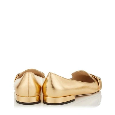 Shop Jimmy Choo Jaden Flat Gold Metallic Leather Round Toe Ballerinas In Gold/crystal
