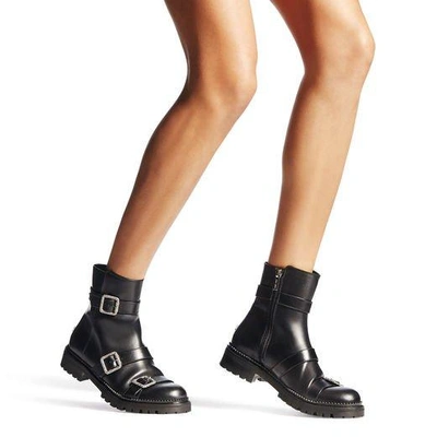 Shop Jimmy Choo Hank Flat Black Smooth Leather Flat Boots With Jewel Buckles
