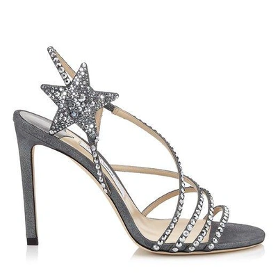 Shop Jimmy Choo Lynn 100 Anthracite Shimmer Suede Sandals With Hotfix Crystals