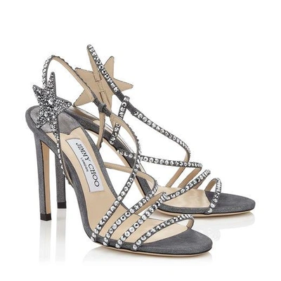 Shop Jimmy Choo Lynn 100 Anthracite Shimmer Suede Sandals With Hotfix Crystals