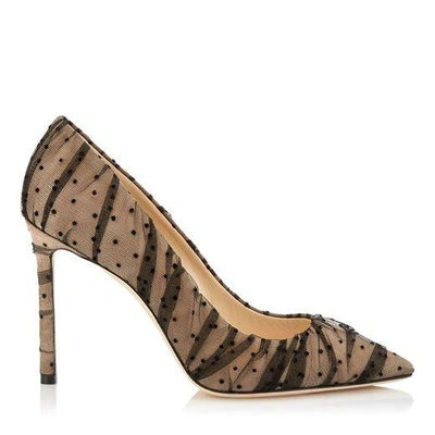 ROMY 100 Nude Suede Pointy Toe Pumps with Black Ruched Polka Dot Tulle