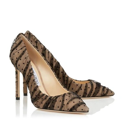 Shop Jimmy Choo Romy 100 Nude Suede Pointy Toe Pumps With Black Ruched Polka Dot Tulle In Black/nude