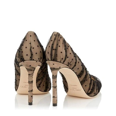 Shop Jimmy Choo Romy 100 Nude Suede Pointy Toe Pumps With Black Ruched Polka Dot Tulle In Black/nude