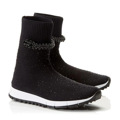 Shop Jimmy Choo Regena Black Knit Trainer With Hotfix Crystal Detailing And Crystal Piece In Black/jet/crystal