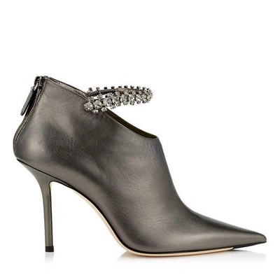 Shop Jimmy Choo Blaize 100 Anthracite Metallic Nappa Leather Booties With Crystal Strap