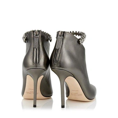 Shop Jimmy Choo Blaize 100 Anthracite Metallic Nappa Leather Booties With Crystal Strap