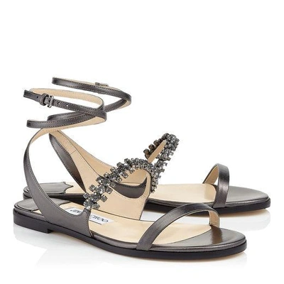 Shop Jimmy Choo Abira Flat Anthracite Metallic Nappa Leather Sandal With Crystal Detailing