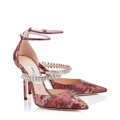 Shop Jimmy Choo Bobbie 100 Rosewood Mix Painterly Brocade Pointy Toe Pumps With Crystal Strap