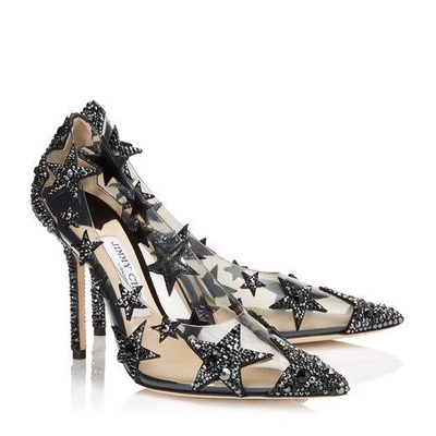 Shop Jimmy Choo Lisha 100 Black And Smoke Mix Plexi Star Patchwork Pointy Toe Pumps With Crystals In Smoke/black Mix
