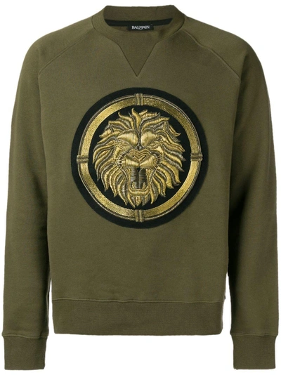 Shop Balmain Copper Lion Crewneck Sweatshirt - Green