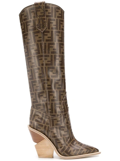 Shop Fendi Knee High Logo Boots In Brown