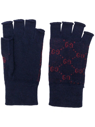 Shop Gucci Gg Knit Fingerless Gloves In Blue
