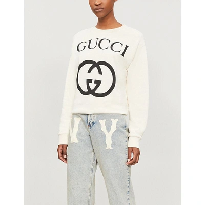 Shop Gucci Logo-print Cotton-jersey Sweatshirt In Natural Black