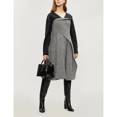Shop Adeam Houndstooth V-neck Wool-blend Tweed Bouclé Dress In Black Ivory