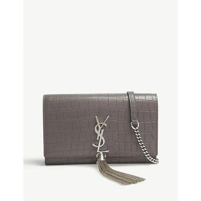 Shop Saint Laurent Kate Croc-embossed Leather Wallet-on-chain In Fog