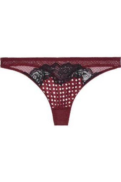Shop Stella Mccartney Ellie Leaping Polka-dot Satin, Lace And Mesh Low-rise Thong In Brick