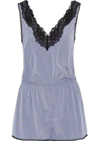 Shop Stella Mccartney Lace-trimmed Printed Stretch-silk Playsuit In Light Blue