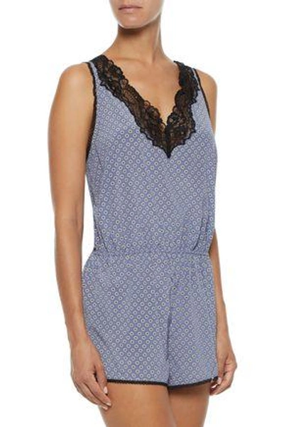 Shop Stella Mccartney Lace-trimmed Printed Stretch-silk Playsuit In Light Blue