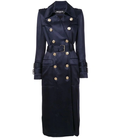 Shop Balmain Blue Double Breasted Trench Coat