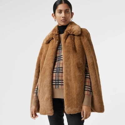 Shop Burberry Faux Fur Cape In Camel