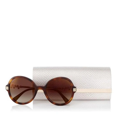 Shop Jimmy Choo Adria Dark Havana And Light Gold Round Framed Sunglasses With Swarovski Crystals And Pearls In Ejl Brown Gold