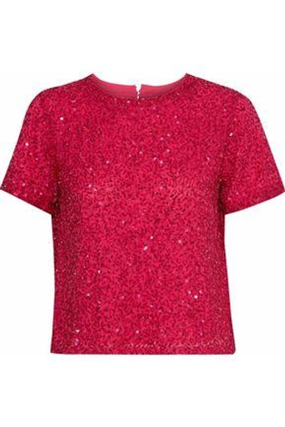 Shop Alice And Olivia Piera Embellished Chiffon T-shirt In Claret