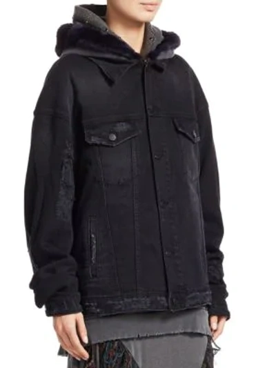 Shop Alchemist Max Rabbit Hood Distressed Denim Jacket In Black