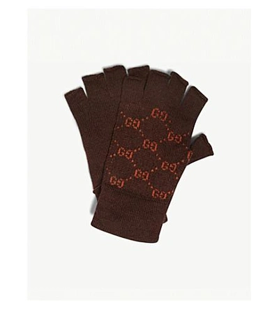 Shop Gucci Gg Logo Alpaca And Wool Fingerless Gloves In Brown Orange