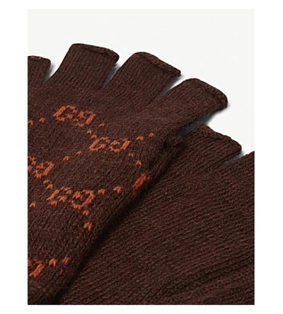 Shop Gucci Gg Logo Alpaca And Wool Fingerless Gloves In Brown Orange