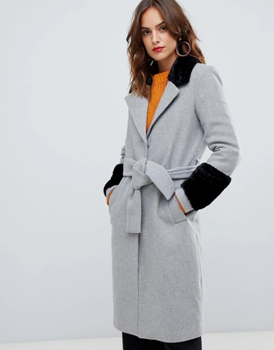 Shop Y.a.s. Faux Fur Trim Wrap Coat - Gray