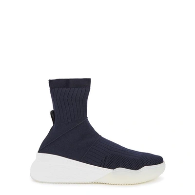 Shop Stella Mccartney Loop Stretch-knit High-top Trainers In Navy