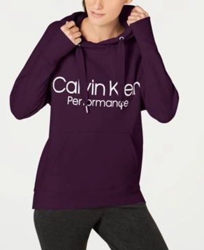 Shop Calvin Klein Performance Logo Fleece Hoodie In Burgundy