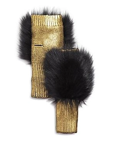 Shop Jocelyn Fox Fur-trim Metallic Fingerless Gloves In Gold