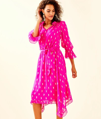 Shop Lilly Pulitzer Alyanna Silk Midi Dress In Bougainvillea Pink Diamond Metallic Clip