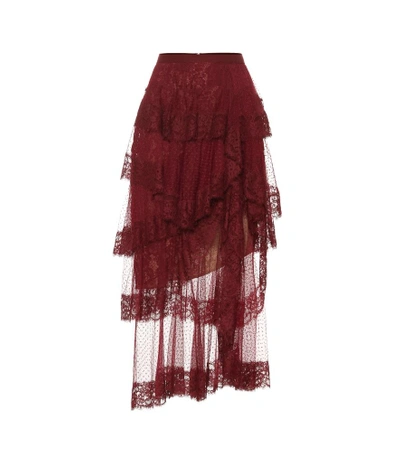 Shop Elie Saab Tiered Lace Midi Skirt In Red
