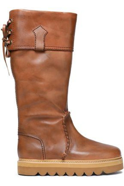 Shop See By Chloé Woman Whipstitched Leather Knee Boots Camel