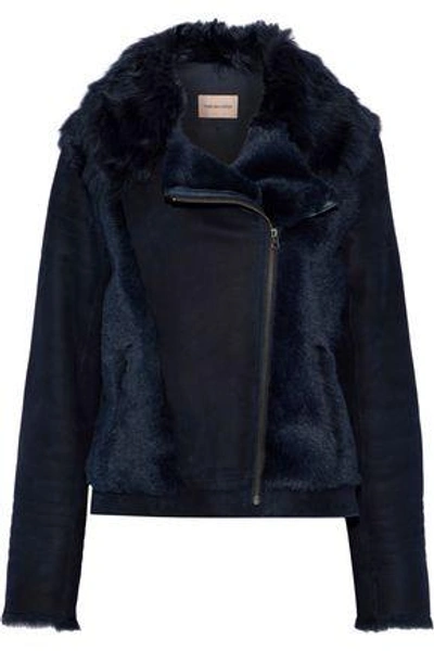Shop Yves Salomon Paneled Shearling And Suede Biker Jacket In Navy