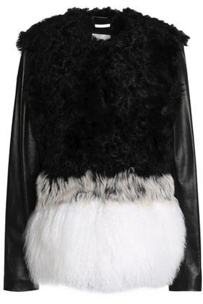 Shop Ashley B Woman Leather-paneled Shearling Jacket Black