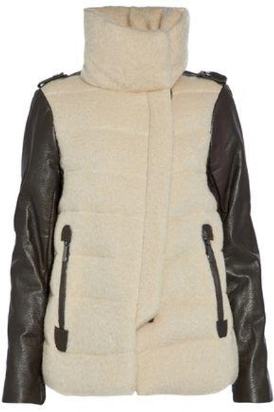 Shop Ashley B Woman Leather-paneled Wool-blend Jacket Sand