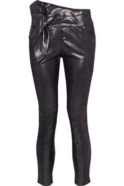 Shop Iro Alpen Knotted Coated Metallic Leather Skinny Pants In Gunmetal