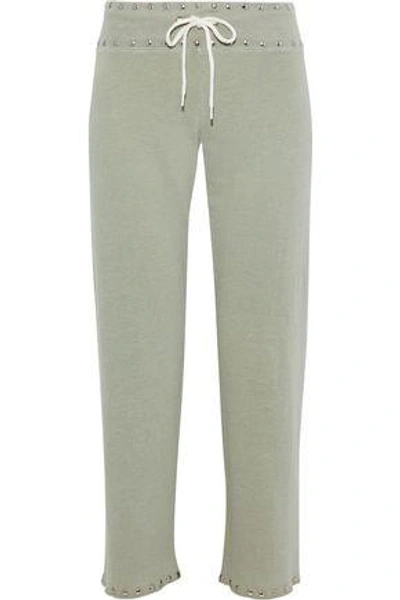 Shop Monrow Woman Cropped Studded French Terry Track Pants Grey Green